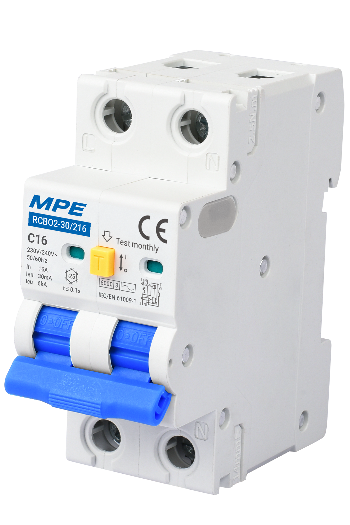 Cầu dao bảo vệ dòng rò, quá tải và ngắn mạch RCBO2, 2 cực, 16A, 30mA, 6kA mã RCBO2-30/216
