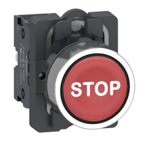 Nút nhấn hoàn chỉnh có ký hiệu, Easy Harmony XA2 XA2AA4342, đầu nhựa, Ø22 mm, màu đỏ, ký hiệu “STOP”, 1 tiếp điểm thường đóng (1NC), cơ chế nhả lò xo, có ký hiệu