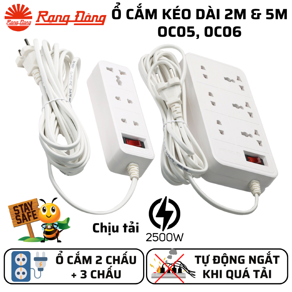 Ổ cắm kéo dài Rạng Đông OC05 OC06 tự động ngắt khi quá tải