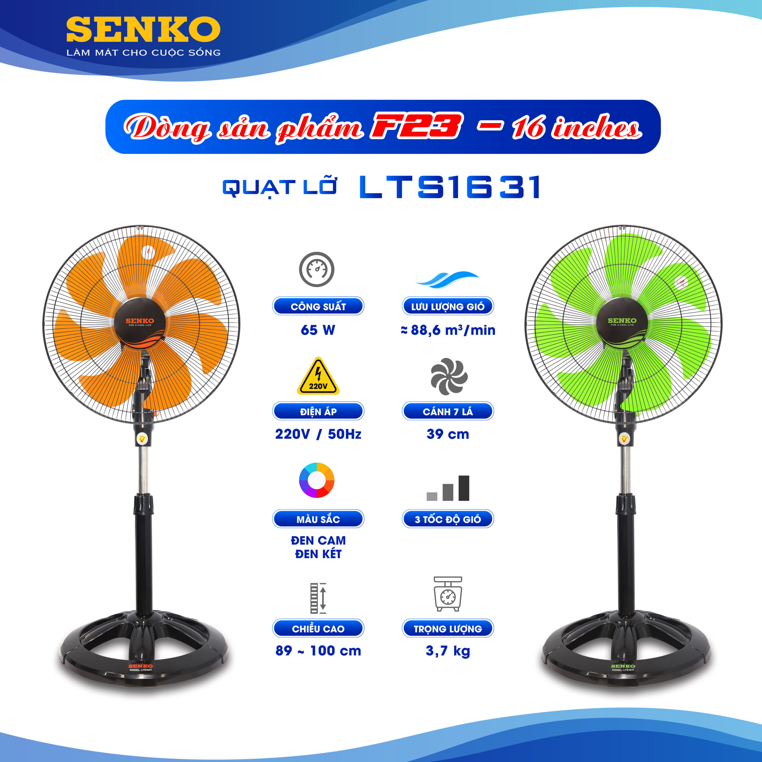 Quạt lửng thân sắt Senko LTS1631 65W cánh 7 lá - Ảnh 3