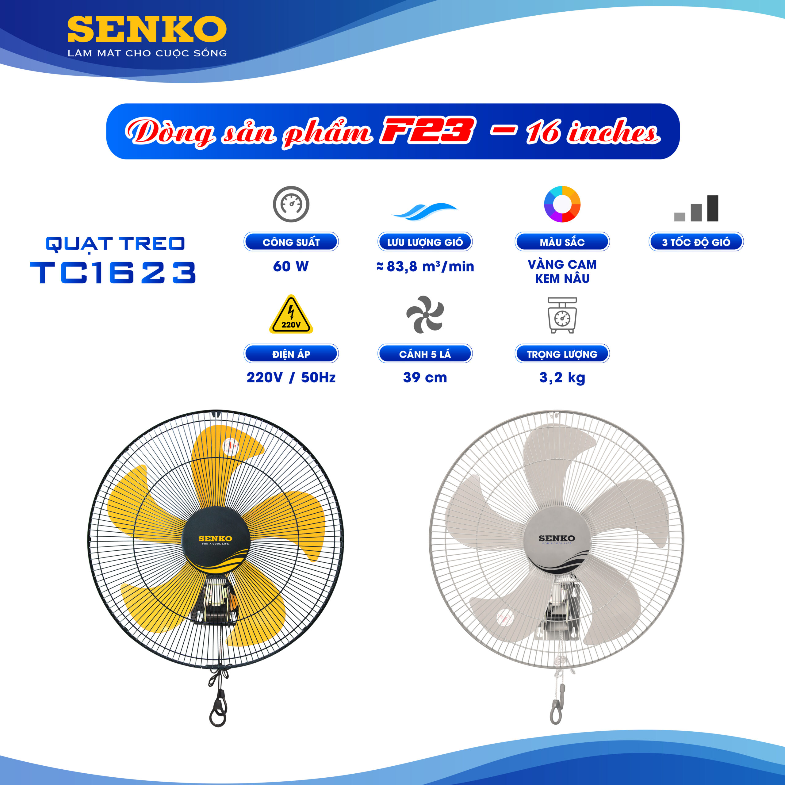 Quạt treo tường Senko TC1623 2 dây - Ảnh 3