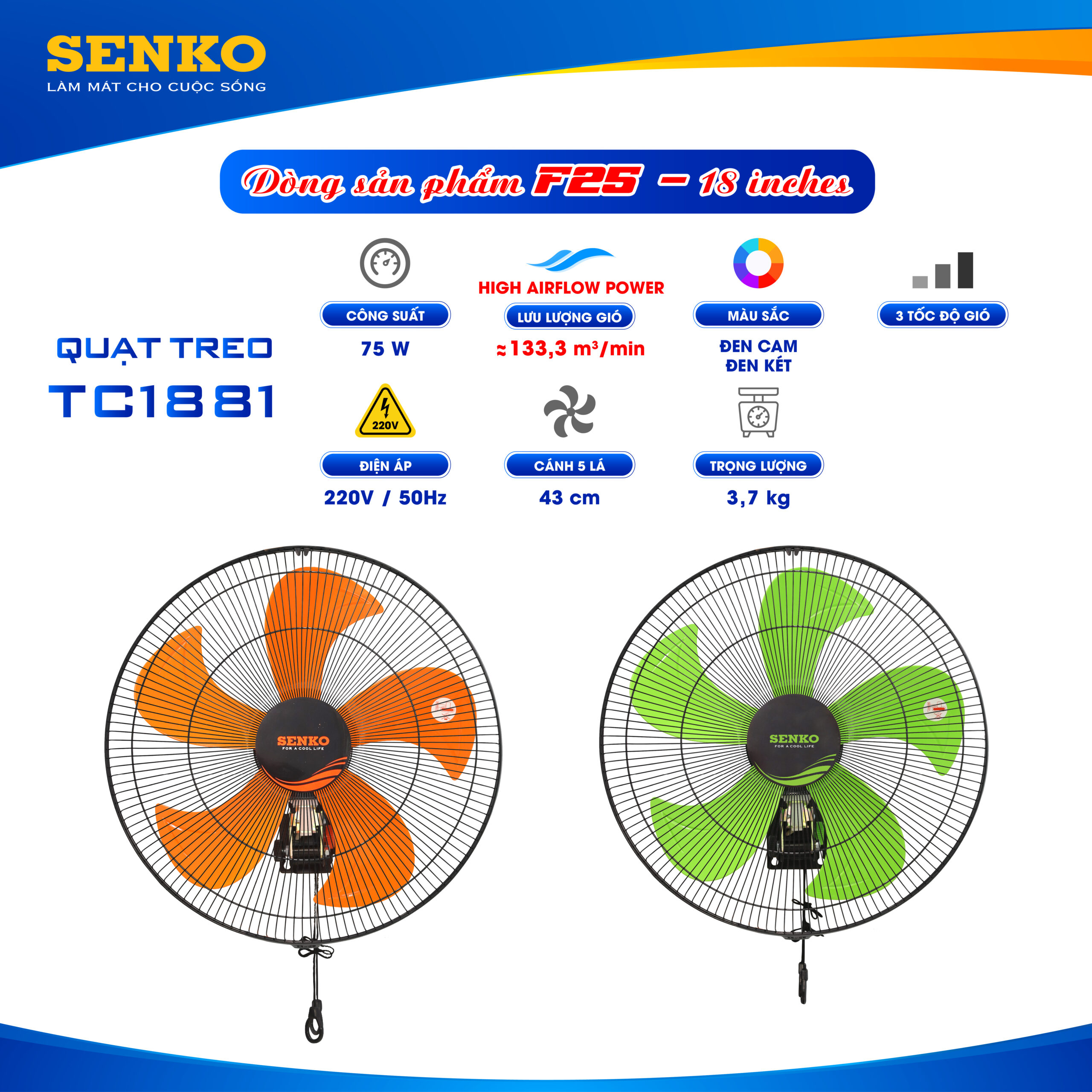 Quạt treo tường Senko TC1881 4,5 tấc thân sắt - Ảnh 3