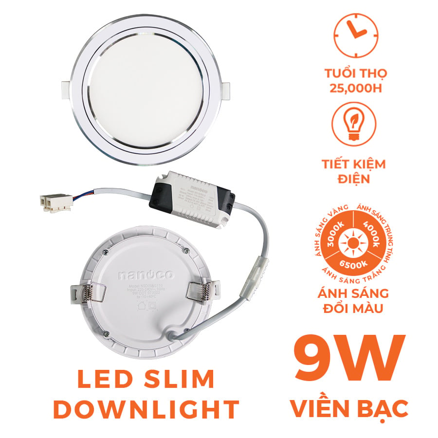 Đèn LED SLIM downlight Hera Nanoco φ90 7W (viền vàng, trắng, bạc - ánh sáng trắng, trung tính, vàng)