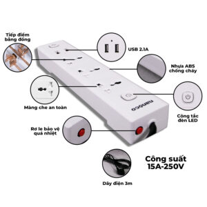 Ổ cắm có dây Nanoco model NES332U (3 ổ đa năng, 2 USB, 2 công tắc, dây điện 3m và 5m)