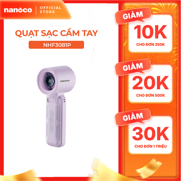 Quạt sạc cầm tay màu tím/xanh động cơ DC Nanoco model NHF3081 lithium 3000mAh công suất 5.8W