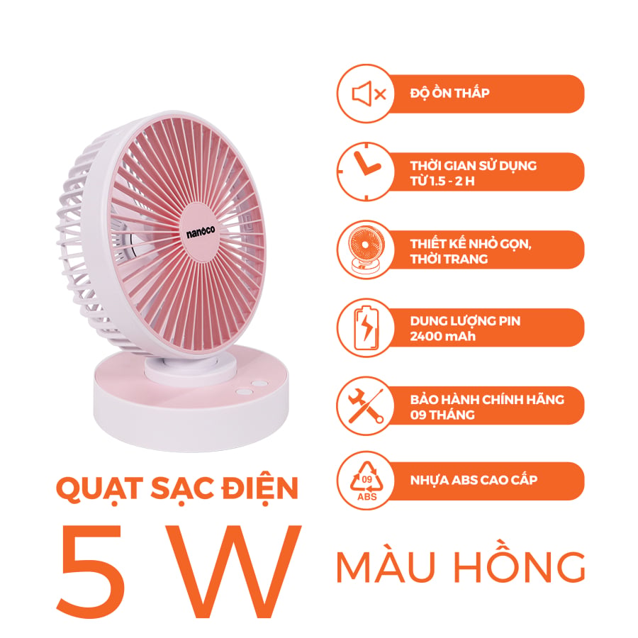 Quạt sạc điện mini Nanoco model NRF6215 (5 cánh, công suất 5W)