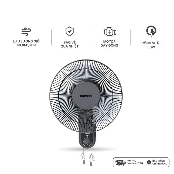 Quạt treo tường 2 dây Nanoco model NWF1218GR màu ghi (3 chế độ gió, công suất 30W, bạc đạn )