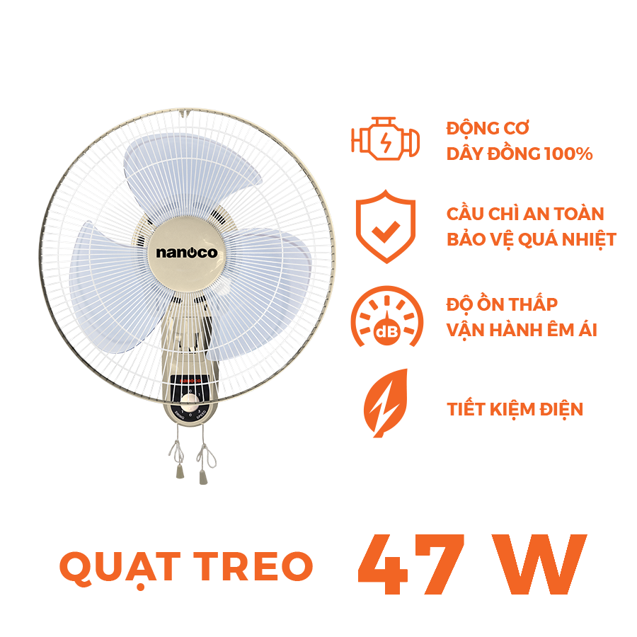 Quạt treo tường 2 dây Nanoco model NWF1611 (3 cấp độ gió, công suất 47W)